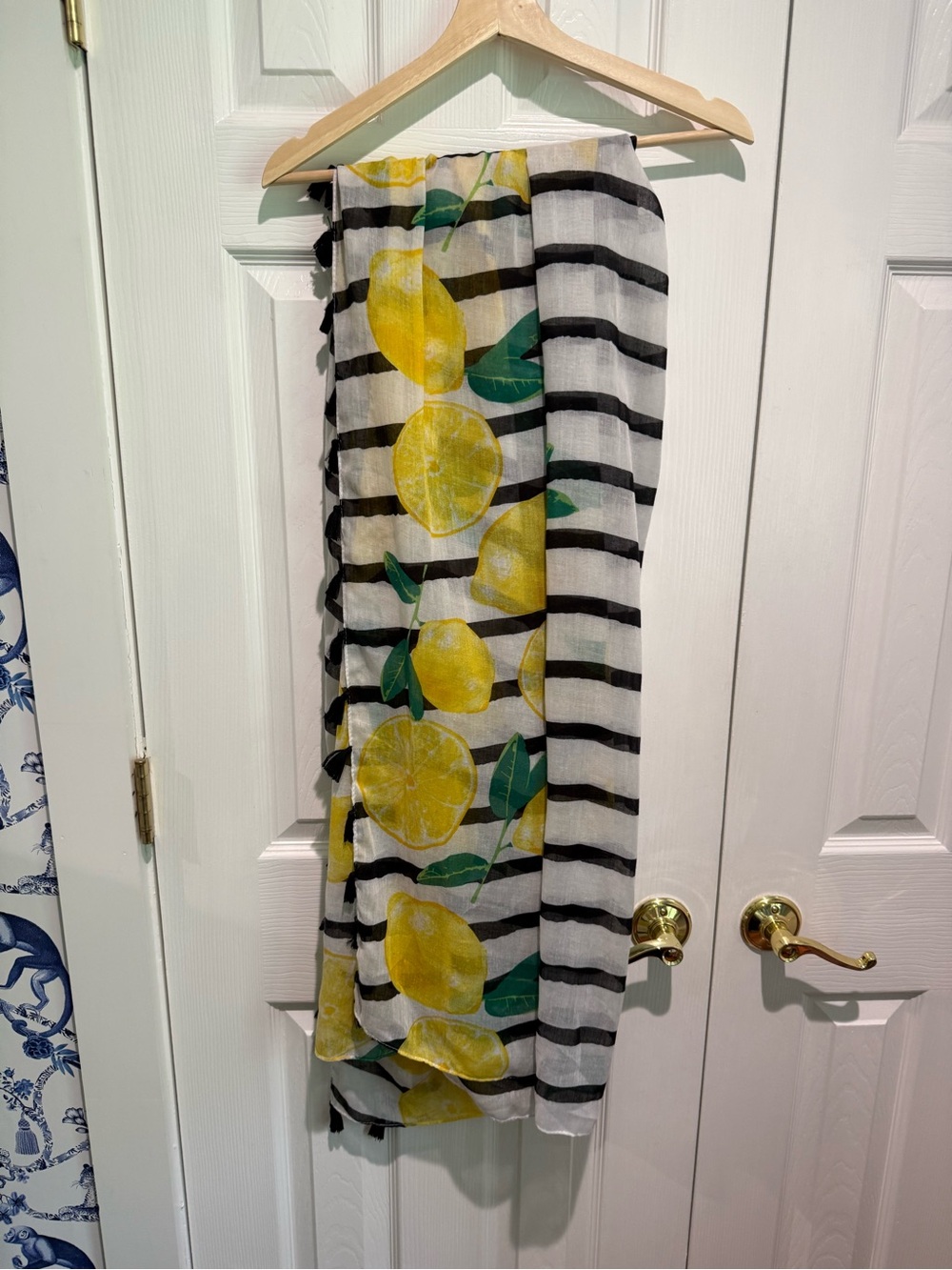 Shiraleah Lemon Print sheer scarf with trendy stripes and tassel trim